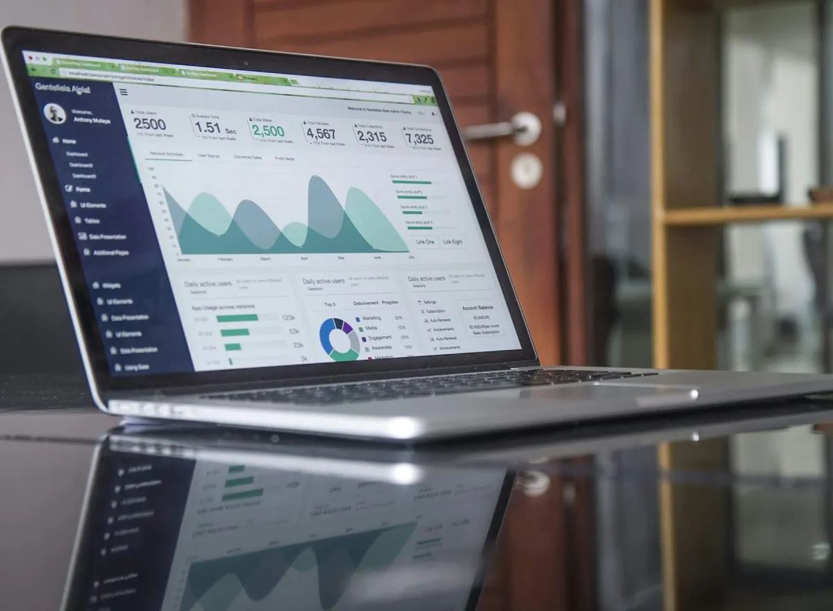 Analytics dashboard open on a laptop in a workspace.